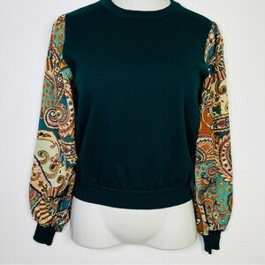 Current Air mixed media paisley sleeve green earthy ballon sleeve blouse size S